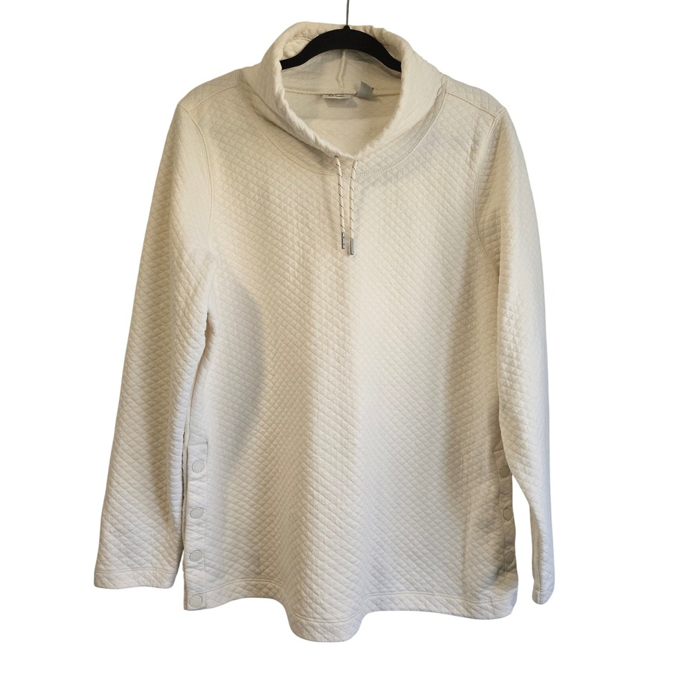 LL Bean Womens Quilted Funnel Neck Pullover Cream Side Snap Sweatshirt 513186 Lโ
